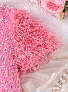 SHEIN Tween Girl Feather Fuzzy Sleeve Sequin Dress For Party,Holiday,Summer,Travel - Pink - View 3