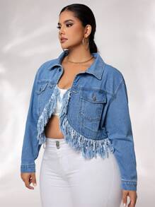 SHEIN SXY 大尺碼女式長袖牛仔外套,襯條邊和毛邊設計 - 淺色水洗藍 - 查看 6