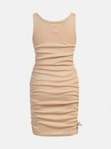 SHEIN Girlism Tween 女童针织纯色褶皱连衣裙套装 3 件套 - 彩色 - 查看 4