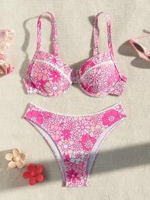 SHEIN Swim Zweiteiliger Damen Bikini-Set mit Blumendruck für Sommer und Strand - Verschiedenfarbig - Übersicht 3