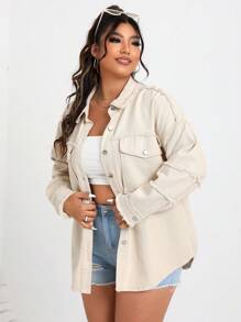 SHEIN EZwear 加大號下垂肩褶邊牛仔外套 - 卡其色 - 查看 5