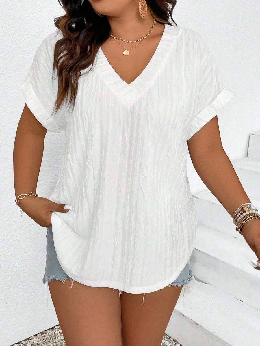 SHEIN Frenchy Kích thước lớn Màu thuần Cổ chữ V Textured Lỏng lẻo Ngắn tay Áo thun - trắng - Xem 1