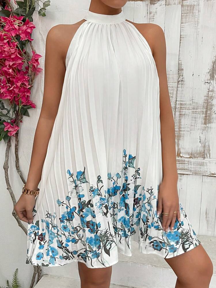 Women's Floral Printed Pleated Halter Neck Dress