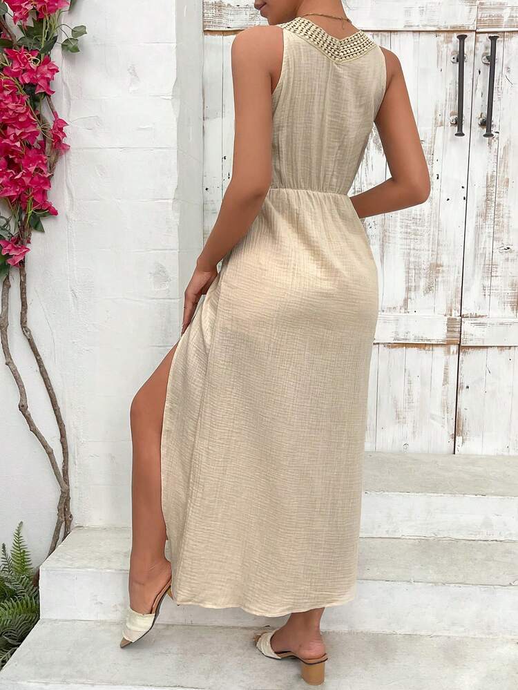 Women's Solid Color Lace Patchwork High Slit Dress