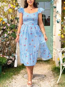 Dreamara 大码女式格子樱桃印花盖袖连衣裙 - 彩色 - 查看 4