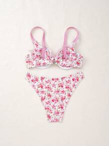 SHEIN Swim Women's Flower Print Frill Trim Bikini Set, Two-Piece Separated Bikini Set Summer Beach - Pink - View 4