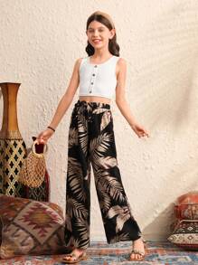 SHEIN 兩件套preteen女孩針織單色修身休閒背心,植物印花寬鬆長褲 - 白色 - 查看 1