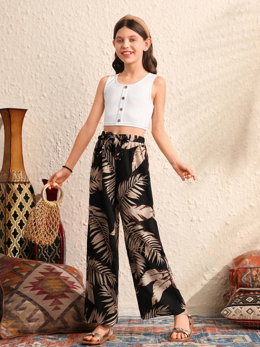 SHEIN 兩件套preteen女孩針織單色修身休閒背心,植物印花寬鬆長褲 - 白色 - 查看 1