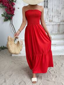 SHEIN VCAY Women's Frill Edge Ruffle Overlay Bandeau Dress - Red - View 1