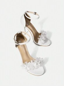 SheIn Belle Của phụ nữ Lễ cưới Giày cao gót Dép xăng đan Với Chóp giầy tròn , Gầy Giày cao gót Và Trắng Thiết kế hoa - trắng - Xem 2