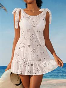 SHEIN Swim 女士孔眼刺绣肩部结饰罩衫连衣裙，适合度假、夏季海滩 - 白色 - 查看 3