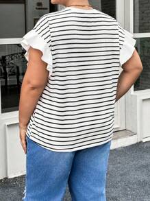 SHEIN Essnce Plus Size Women's New Vacation Casual Commuting Work Striped Splicing Ruffled Short-Sleeved T-Shirt For Summer - Black and White - View 2