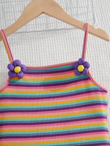 SHEIN 少女針織條紋向日葵泰迪熊印花結合式休閒背心裙 - 彩色 - 查看 4