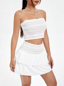 SHEIN Qutie Women's Frill Trim Strapless Top With Contrast Thread & Waistband, And Tiered Skirt Set