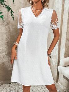 SHEIN VCAY V-Neck Lace Patchwork Floral Dress - White - View 6