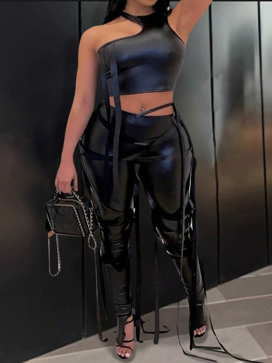 Slaydiva 大尺碼女性pu緊身兩件套裝,帶有編織細節肩帶 - 黑色 - 查看 1