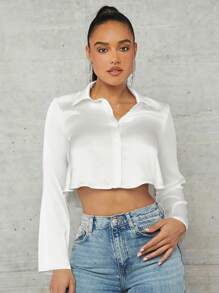 SHEIN BAE 女式纽扣长袖缎面衬衫、长袖上衣