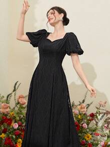 Modelyn Ladies' Solid Color Textured Puff Sleeve Dress With Sweetheart Collar - Black - View 1