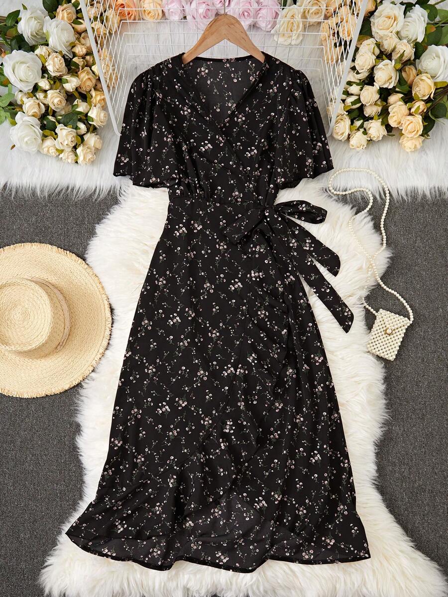 Breezaya 花卉印花 V 领裹身裙 超长度假海滩装 女装 - 黑色 - 查看 1