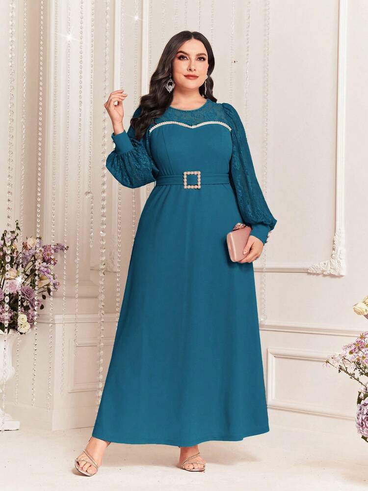 Plus Size Lace Pearl & Stud Embellished Patchwork Dress Long Evening Dresses