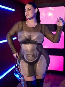 SHEIN SXY Kích thước lớn Của phụ nữ Cơ thể Slogan In Lưới trong suốt Đầm - Nhiều màu - Xem 6