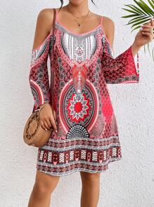 Breezaya Women's Open Shoulder Floral Printed Dress For New Year Clothes Vacation Beach Outfit - Red - View 6
