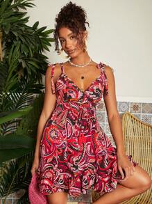 Travachic Holiday Paisley Print Spaghetti Strap Dress - Red - View 1