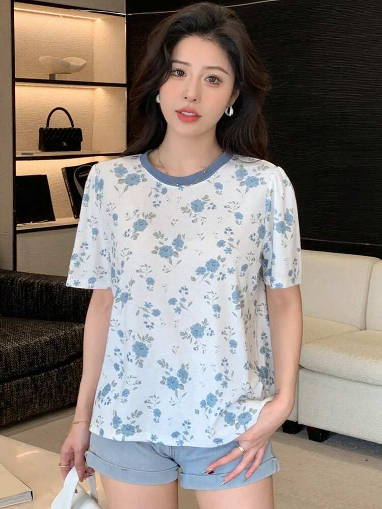 Color-Block Neckline Ditsy Floral Patchwork Short Sleeve T-Shirt Summer Easter