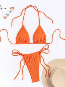SHEIN Swim Ladies' Solid Halter Two-Piece Bikini Set, Summer Beach Bathing Suit - Orange - View 1