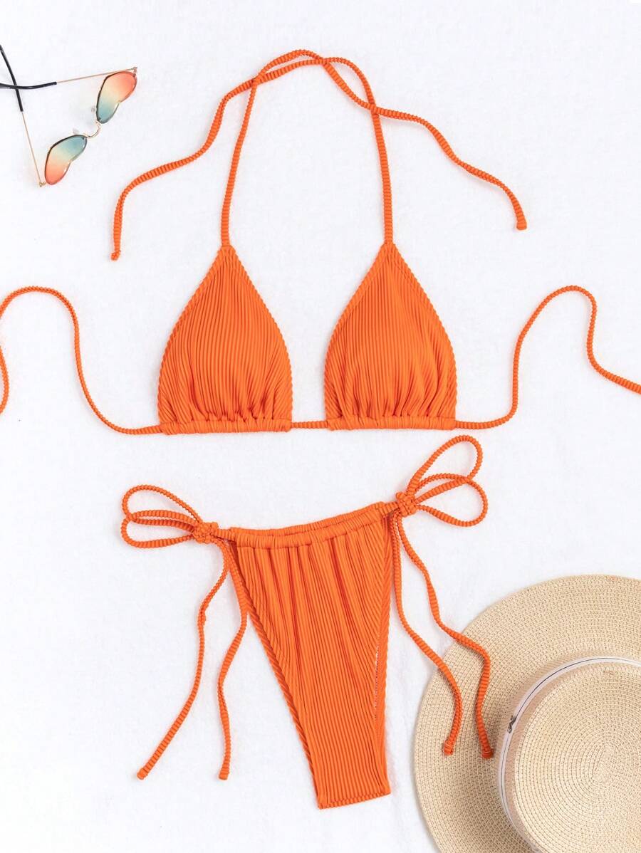 SHEIN Swim Ladies' Solid Halter Two-Piece Bikini Set, Summer Beach Bathing Suit - Orange - View 1