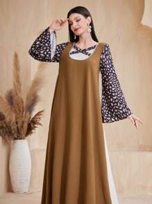 Al Najma Loose Fit Patchwork Printed Color Blocking Flared Sleeve Dress - Brown - View 7