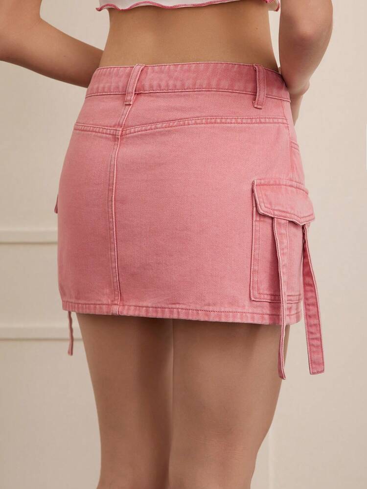 90s Call Back Pink Utility Belted Tight Denim Mini Skirt