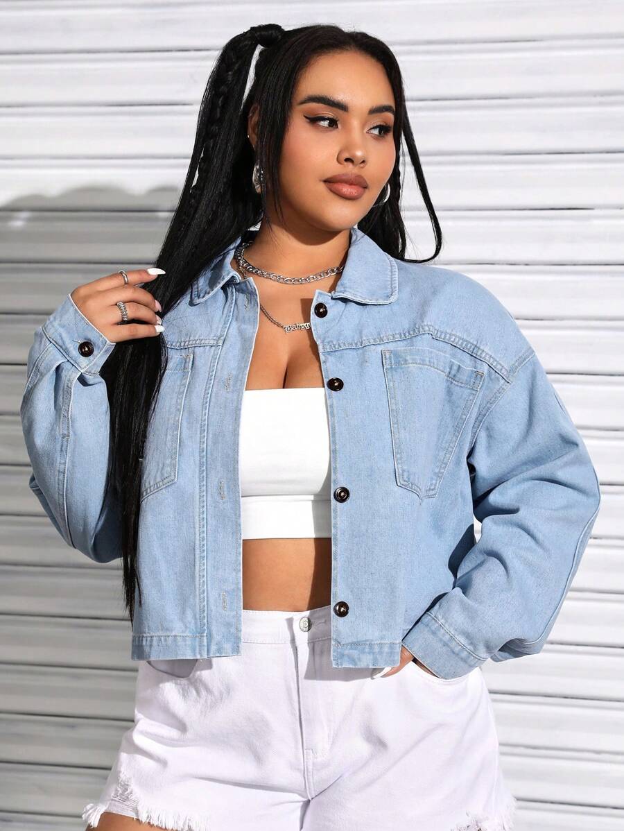 CovetEZ Plus Size Short Cut Denim Jacket With Drop Shoulder - Blue - View 1
