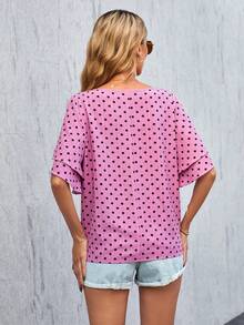 SHEIN LUNE Polka Dot Print V-Neck Ruffle Sleeve Blouse - Pink - View 3