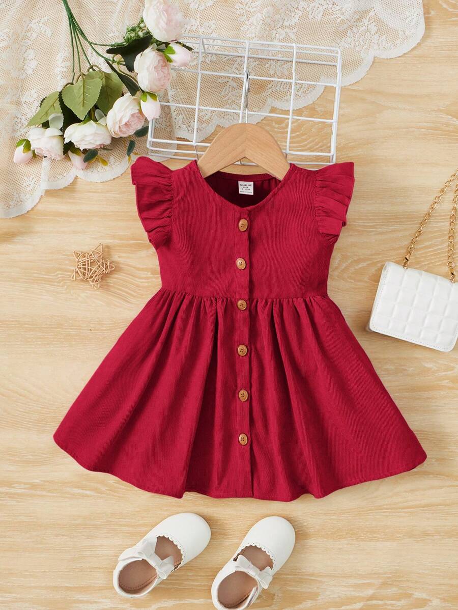 Baby Girl's Lovely Short Cap Sleeve Dress With Single Breasted Closure - Red - View 1