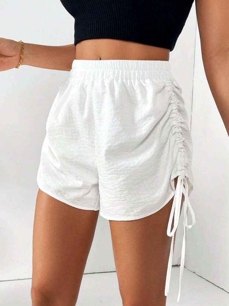 Women's Solid Color High Waist Shorts With Side Drawstring Belt