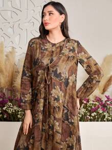 Seusyu 花卉印花圆领修身喇叭裙和灯笼袖外套两件套 - 棕色 - 查看 3