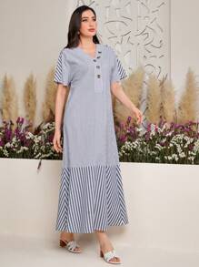 Mulvari Vestido De Murciélago De Manga Corta Con Detalle De Botón Y Estampado De Rayas Para Mujer - Azul - Ver 4