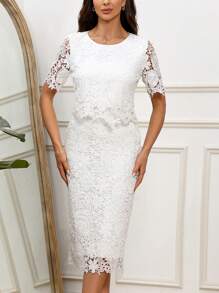 SHEIN Clasi Ladies' Solid Color Lace Two Pieces Set Bridal Shower Dress - White - View 1