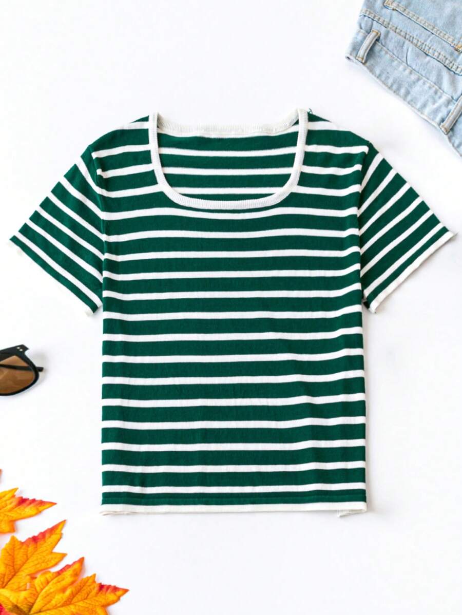 SHEIN Unity Plus Size Short Sleeve Striped Pullover Sweater Knit Pullover Fall Winter - Multicolor - View 1