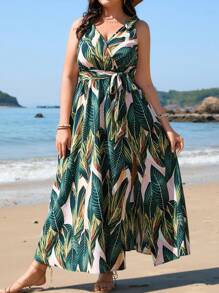 SHEIN VCAY Plus Size Boho Spring/Summer Vacation Tropical Leaf Shoulder Knot High Slit Dress