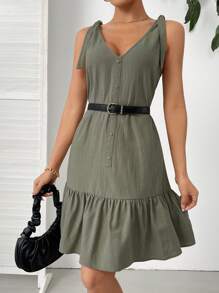 SHEIN Essnce 女士夏季休閒度假灰綠色v領a字型無袖裙 - 軍綠色 - 查看 5