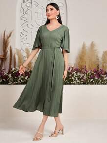 Seusyu Women's Solid Color V-Neck Ruffle Sleeve Dress - Green - View 3
