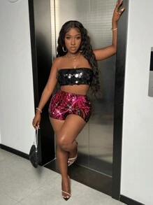 Slaydiva Pantalones cortos con lentejuelas brillantes para mujer para el verano - Rosa Fucsia - Ver 2