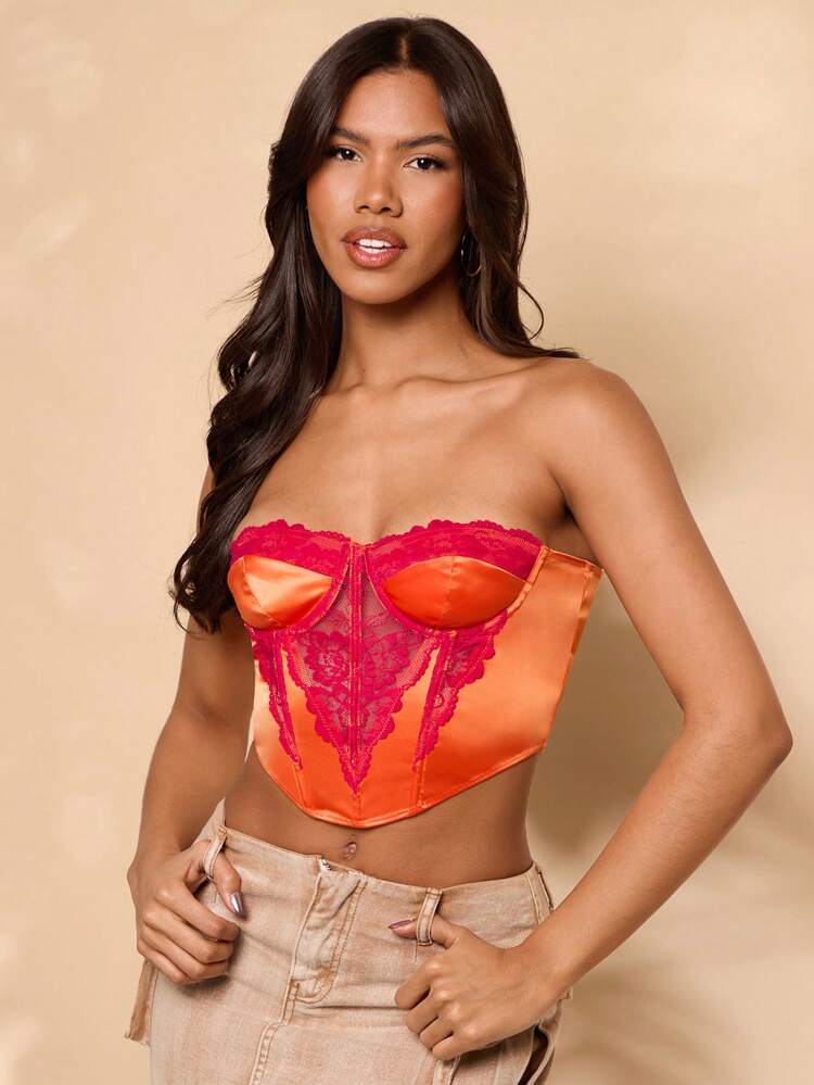 Tube Top Contrast Lace Paneled Satin See-Through Victoria Secret Corset Top,Rave Festival,Country Concert Tunic Top,Rave Festival ,Going Out Tops