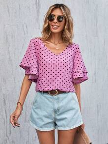 SHEIN LUNE Polka Dot Print V-Neck Ruffle Sleeve Blouse - Pink - View 6