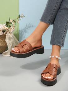 New Women's Fashionable Solid Color Platform Slippers, Slip-On Thick Sole Anti-Slip Slippers