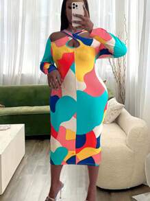 Maweii Plus Colorblock Criss Cross Cut Out Front Bodycon Dress