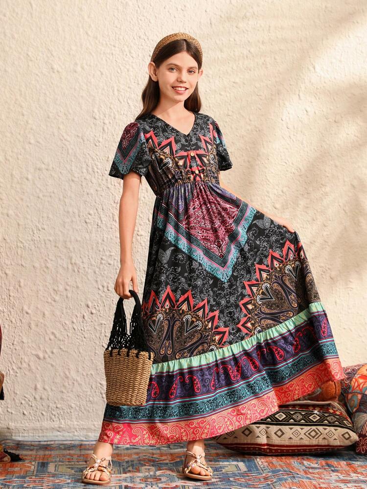 Tween Girls' Printed Loose Casual Woven Peplum Dress For Spring And Summer