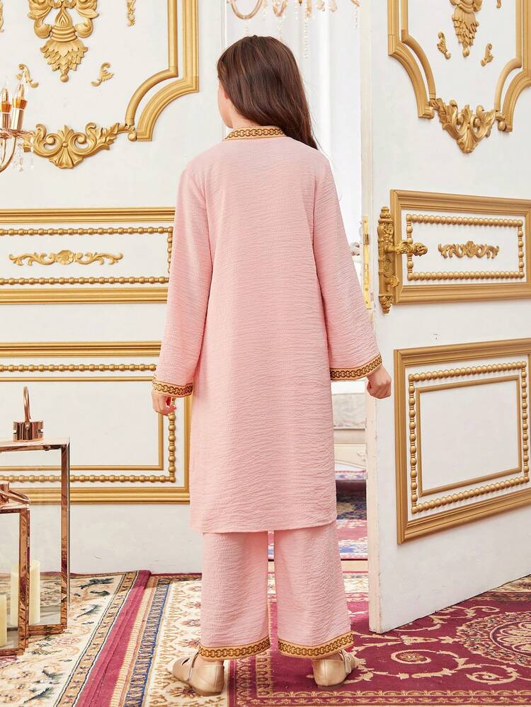 Tween Girl 2pcs/Set Loose Fit Leisure Jacket And Wide Leg Pants With Woven Band Detail